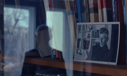 A photograph of Samuel Beckett rests on a bookshelf behind a glass door