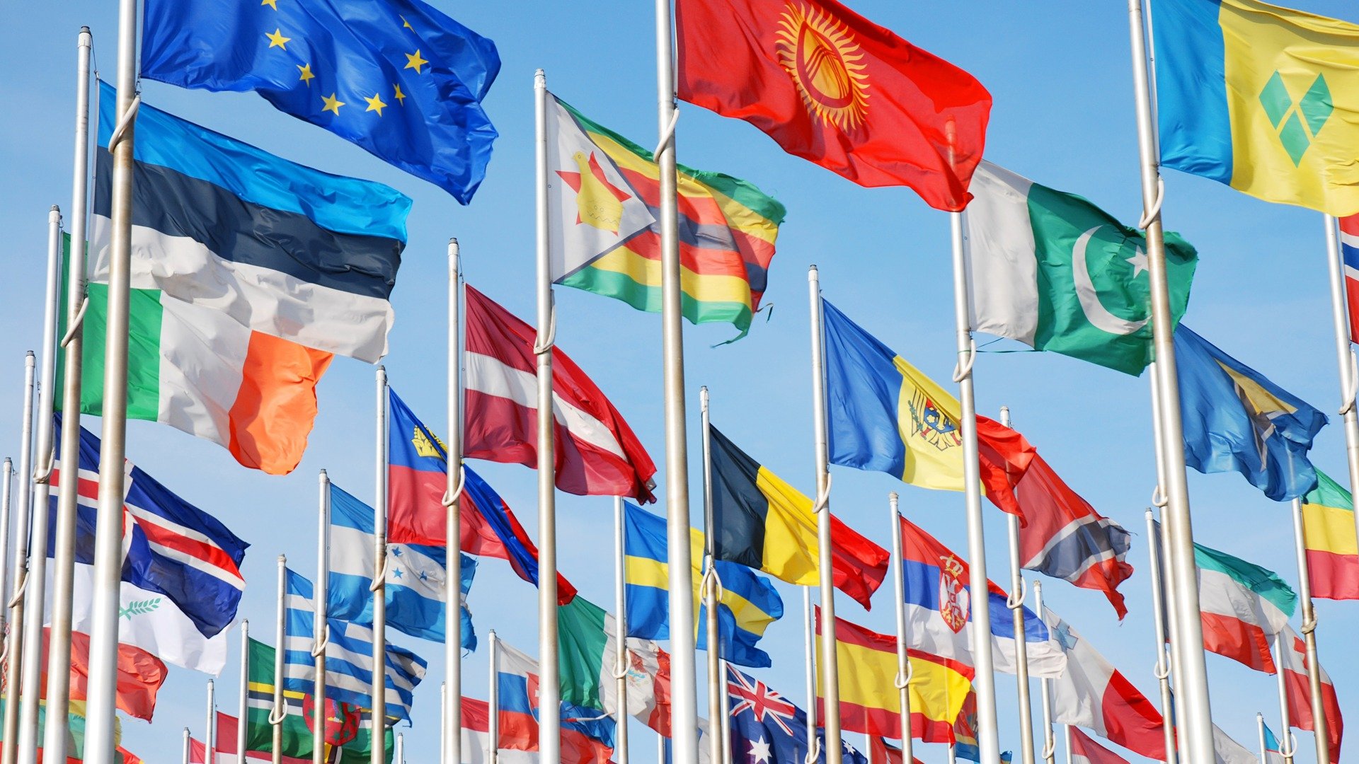 flags of the world waving in the wind