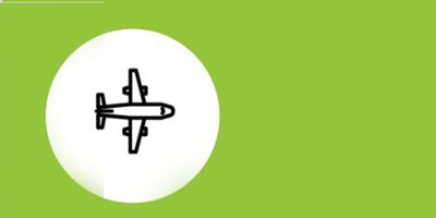 Green background with white circle containing an airplane symbol.