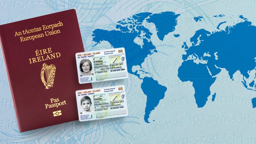 Image of an Irish passport and two passport cards