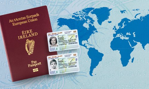Image of an Irish passport book and two passport cards