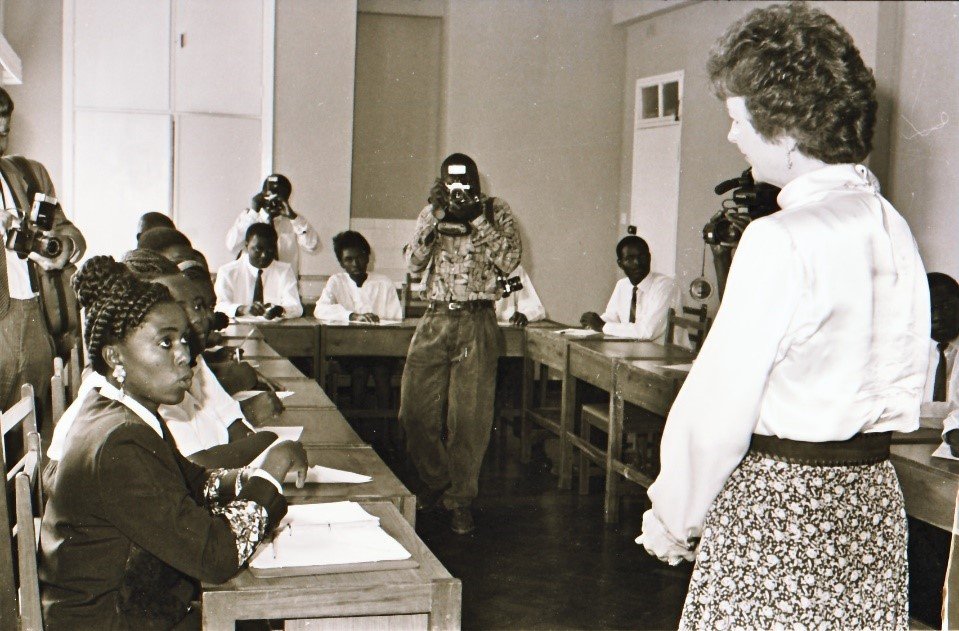 Mary Robinson in a classroom in Zamba