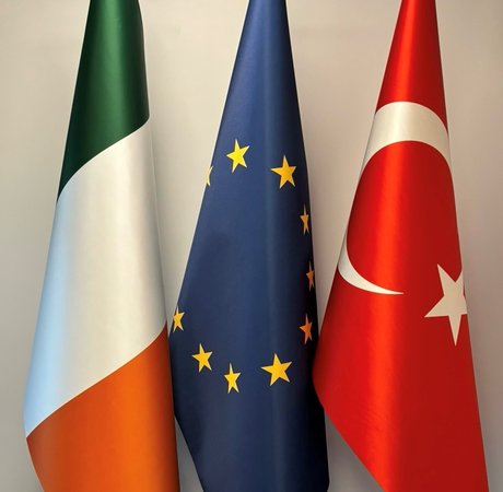 Irish, EU and Turkish national flags