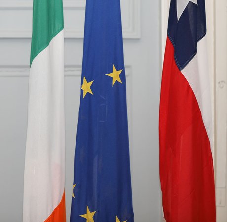 Irish, EU, and Chilian national flags