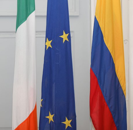 Irish, EU, and Colombian national flags