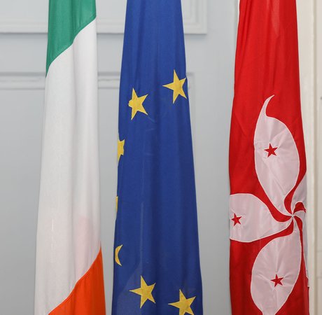 Irish, EU, and Hong Kong flags