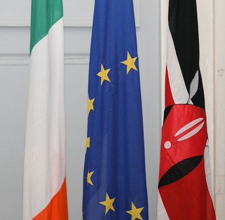 Irish, EU, and Kenya national flags