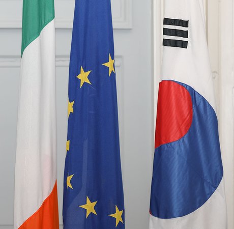 Irish, EU, and the Republic of Korea's national flags