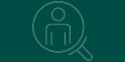 Line illustration of a person inside the glass of a magnifying glass, on a green background.