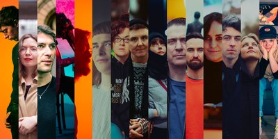 A collage of slices of portraits of 15 artists participating in the podcast.