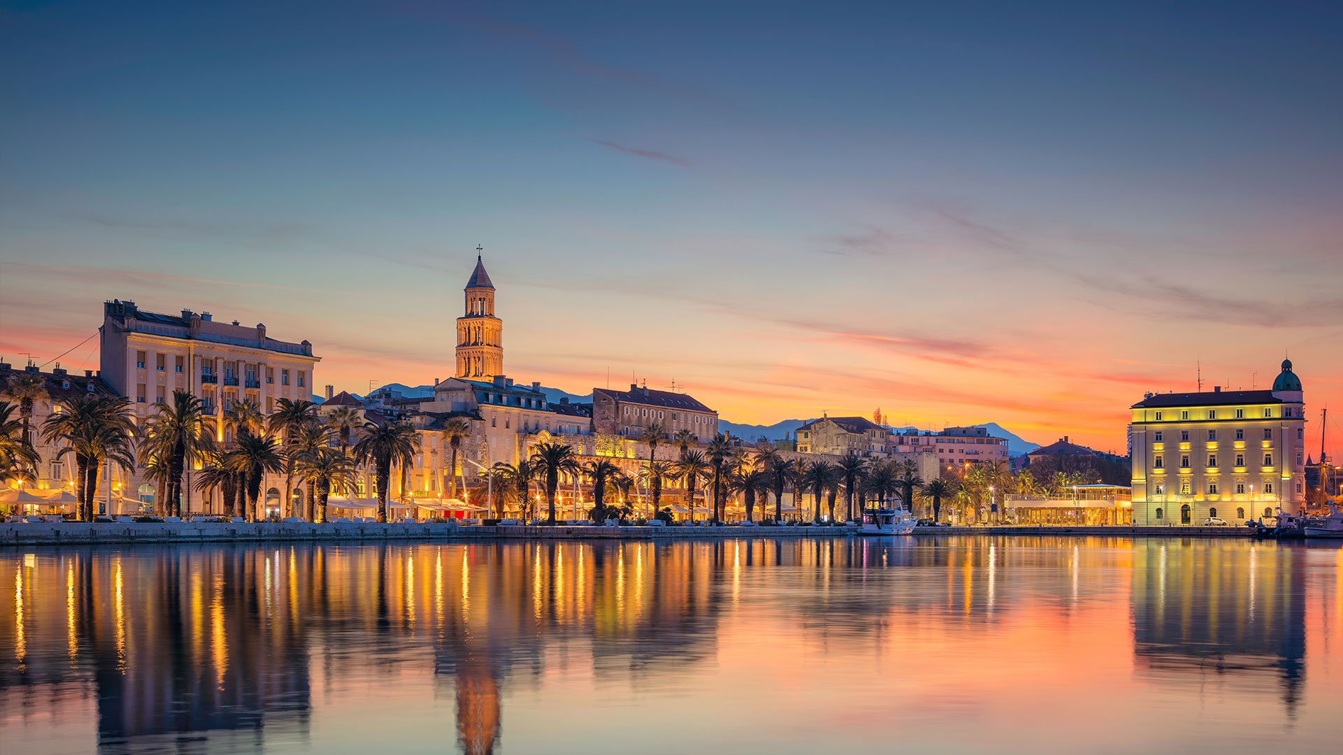 View of Split from the water at sunset