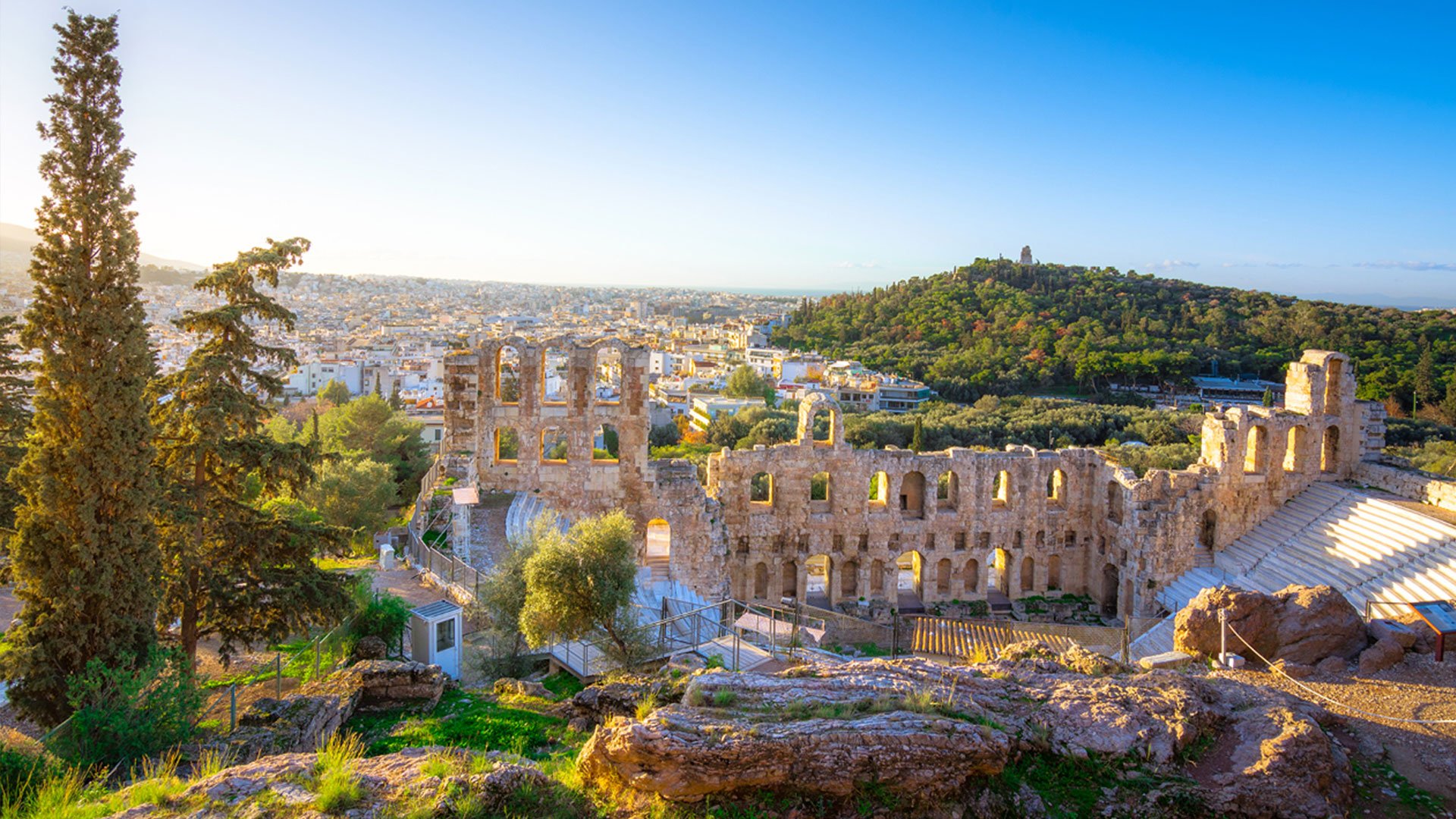 View of the Acropolis in Athens on a sunny day.