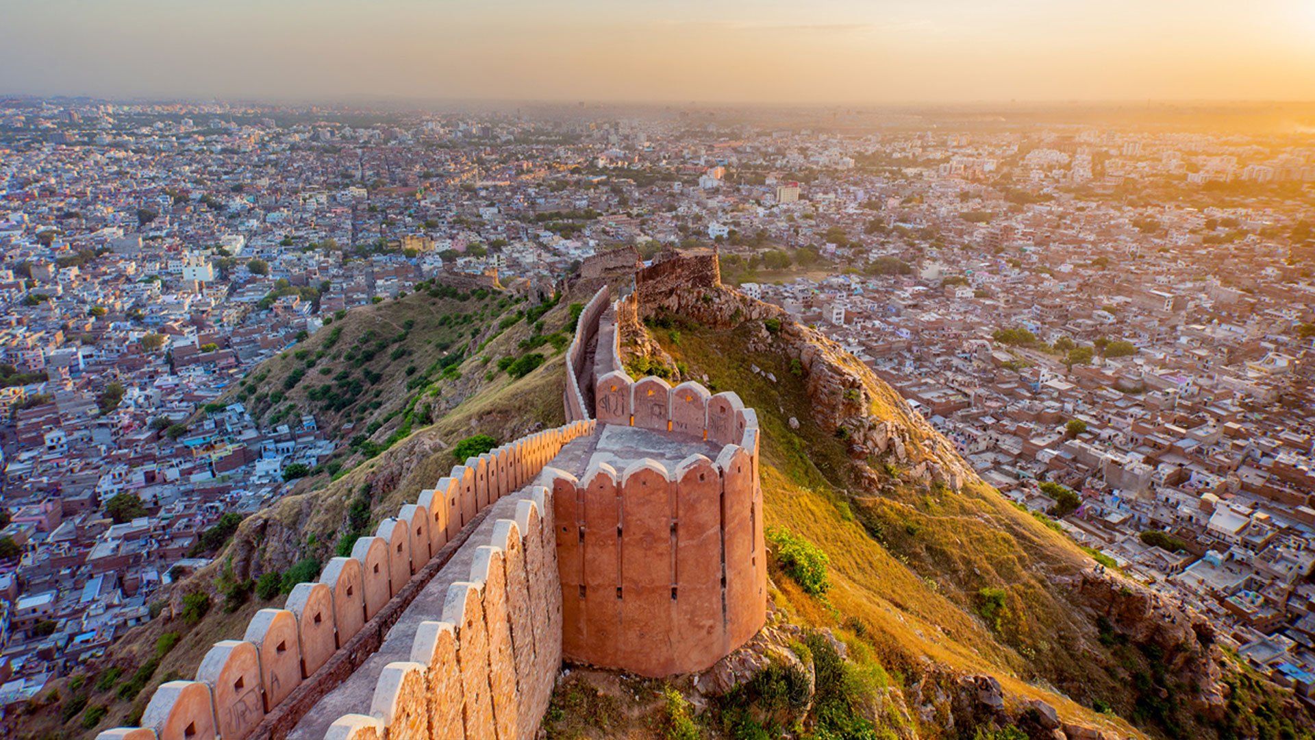View of Nahargarh Fort at sunset, overlooking the city of Jaipur.