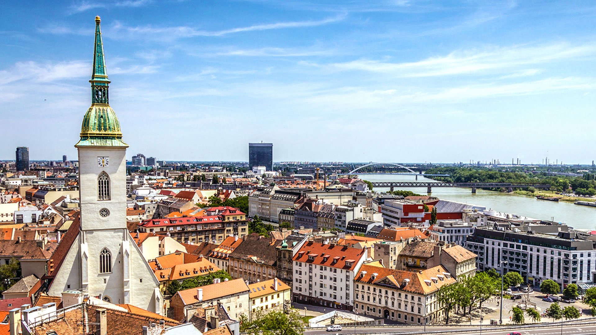 View of Bratislava skyline with the Cathedral steeple in the foreground.