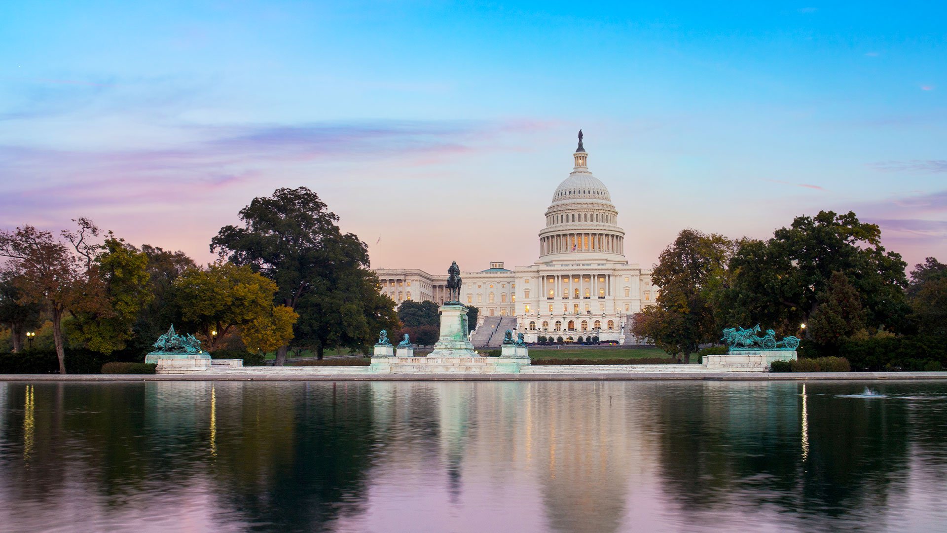 View of the White House at sunset.