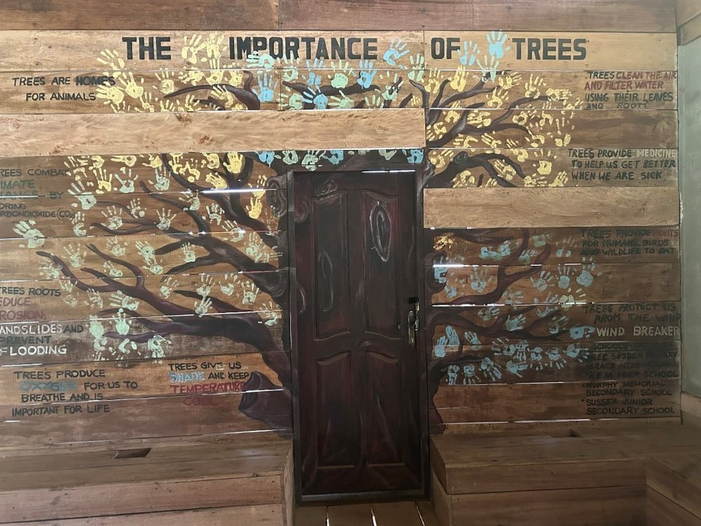 A mural on the wall of the learning centre in the shape of a tree, it is titled "The Importance of Trees" and the leaves are made with children's handprints