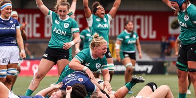 Ireland's Molly Scuffil-McCabe and Clíodhna Moloney-MacDonald celebrate Sadhbh McGrath’s try at a 2025 Women's Rugby World Cup Warm-Up, in Virgin Media Park, Cork