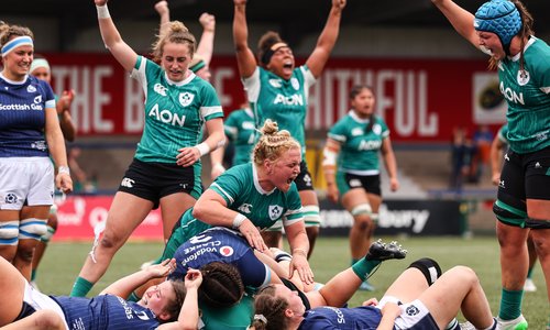 Ireland's Molly Scuffil-McCabe and Clíodhna Moloney-MacDonald celebrate Sadhbh McGrath’s try at a 2025 Women's Rugby World Cup Warm-Up, in Virgin Media Park, Cork