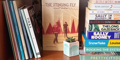 bookshelf featuring Irish literary journals and books by Irish authors