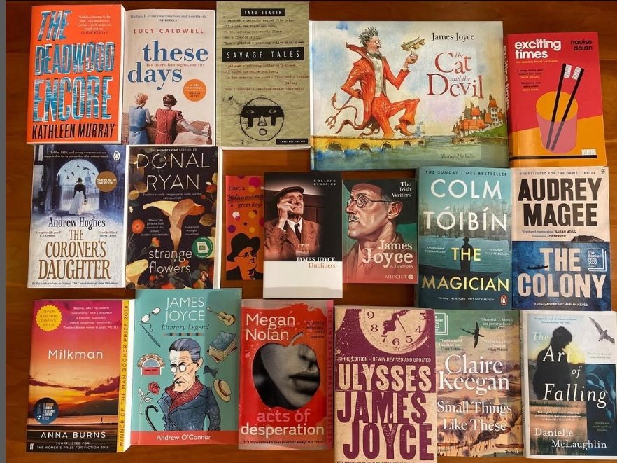 Books by Irish authors laid out on the floor