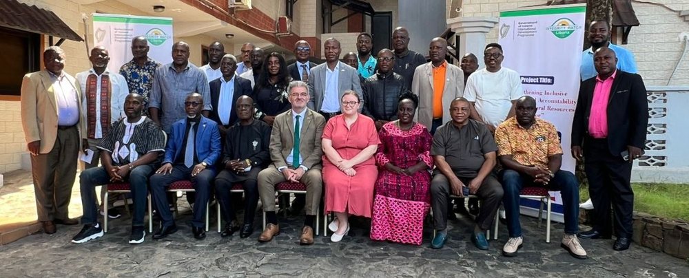 Staff at Ireland’s Embassy in Monrovia join Integrity Watch Liberia and (seated on the far left) Senator Francis S. Dopoh, Hon. P. Mike Jurry and Senator Numene T. H. Bartekwa at the launch of the new framework.