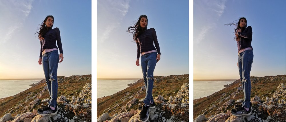Trio of photos of Nidhi balancing on the rocks on the coast