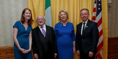 Caoimhe Nic Giollarnaith with President Michael D and Sabina Higgins
