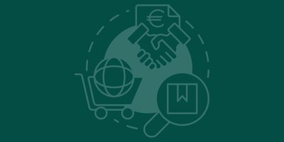 Minimalist line illustration showing a magnifying glass with a box in the centre, two hands shaking in front of a piece of paper with a euro sign on it, and a shopping trolley with a globe in it.