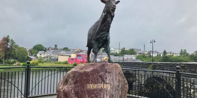 A statue of a goat wearing a crown, by the bridge entering the town of Killorglin