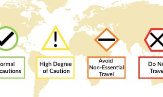 Yellow world map with different security ratings over the front