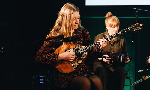 woman playing a mandolin