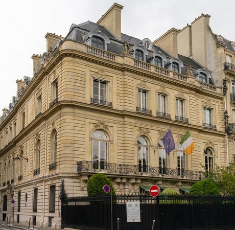 A view of the exterior of the Embassy building.