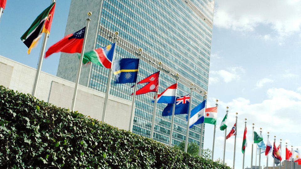 un flags in front of building