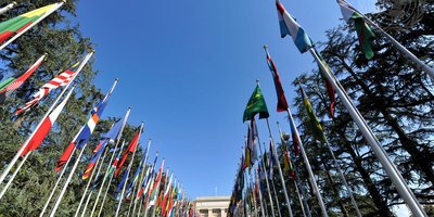 Flags of several countries on flagpoles, as seen from the ground.