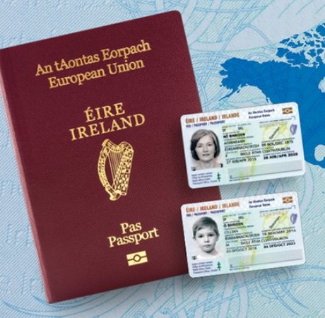 Image of an Irish passport book and two Irish passport cards.