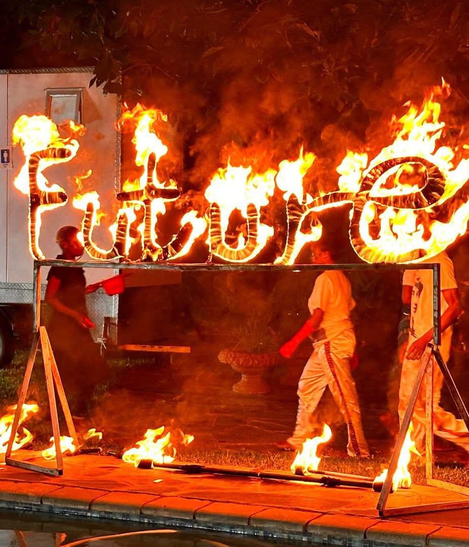 a flaming sign that reads 'future'