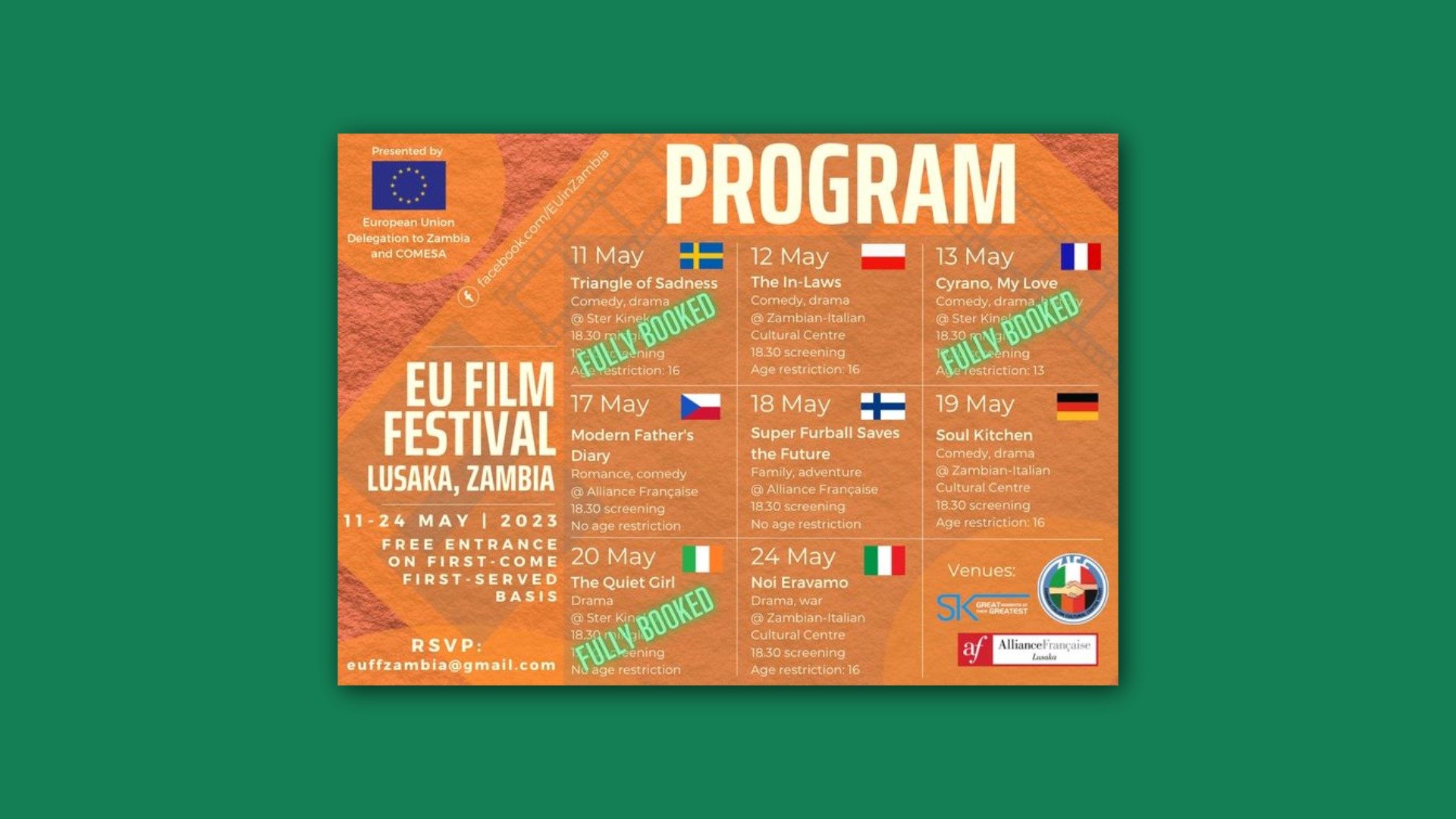 The Europe Day film festival programme in Zambia showing the movie 'An Cailín Ciúin' being sold out