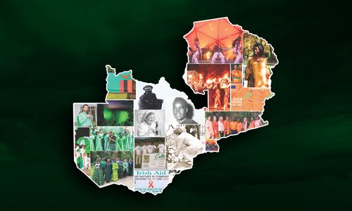 A map of Zambia is made up of images from Irish-Zambian historical moments in the colours of the Irish flag.