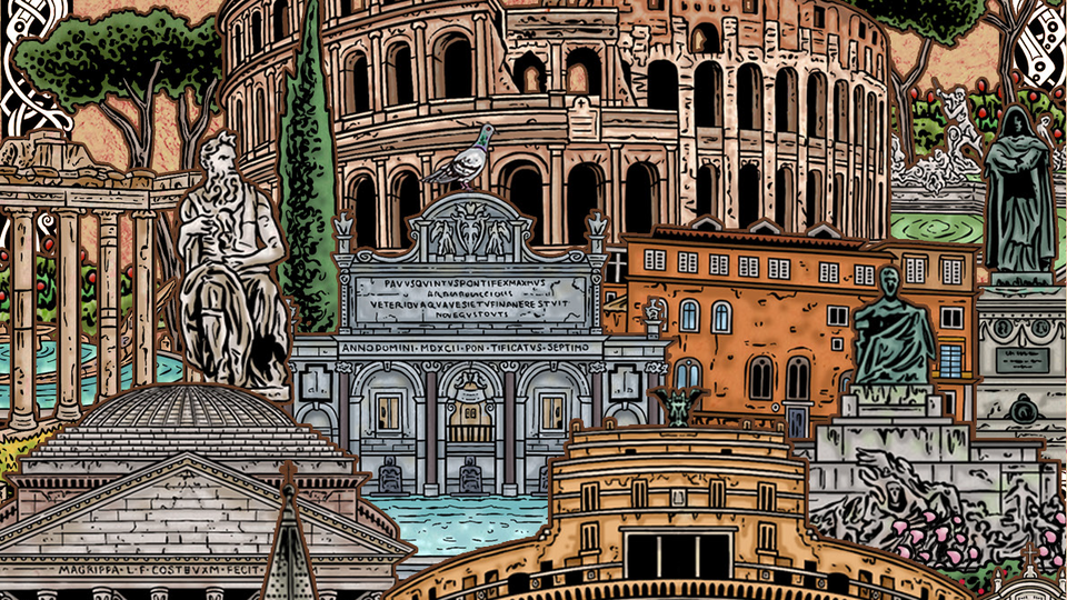 Illustration of key sights in Rome including the Colosseum, the Pantheon and the Spanish Steps.