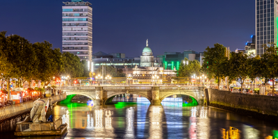 Dublin skyline lit up at night
