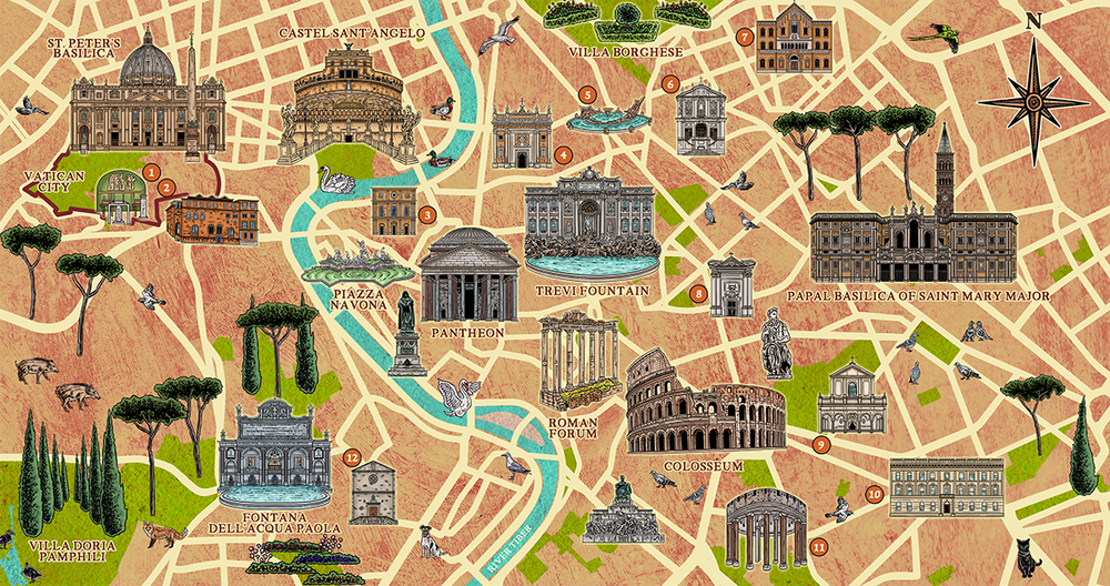 An illustrated map of Rome and Holy See marking out locations of Irish interest.