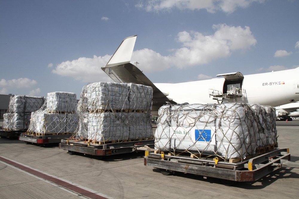 Pallets of food ready to load onto a plane