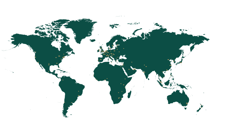 map of the world with the mission network marked with gold dots