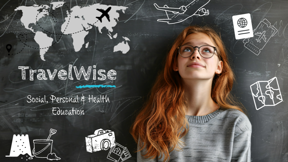 Student standing in front of a blackboard that reads "TravelWise: SPHE"